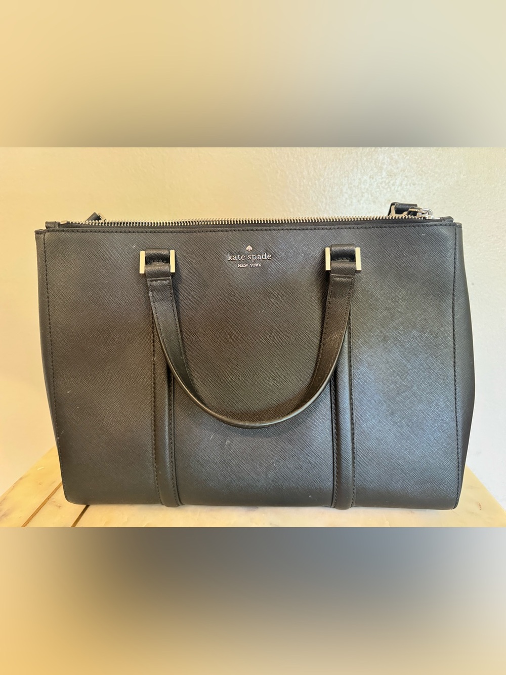 kate spade Black Saffiano Leather Tote Bag with detachable shoulder strap